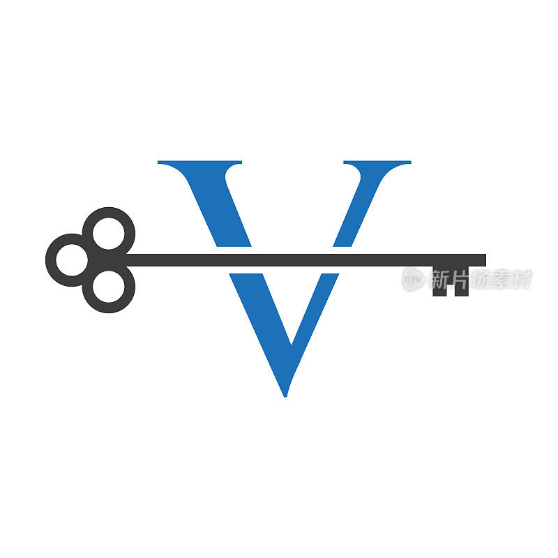 字母V房地产标志概念与Home Lock键矢量模板。豪华家居标志关键标志